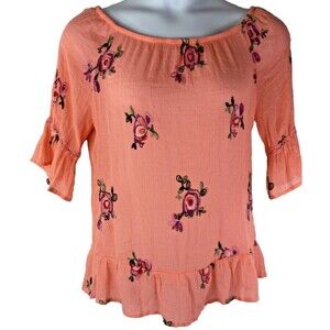 Fig And Flower Anthropologie Women’s Large Blouse Orange Embroidery Flowers Boho